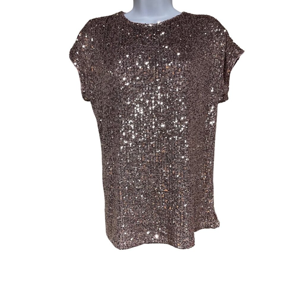 Cable & Gauge Womens Sequin Short Sleeve Top Size S Rose Gold